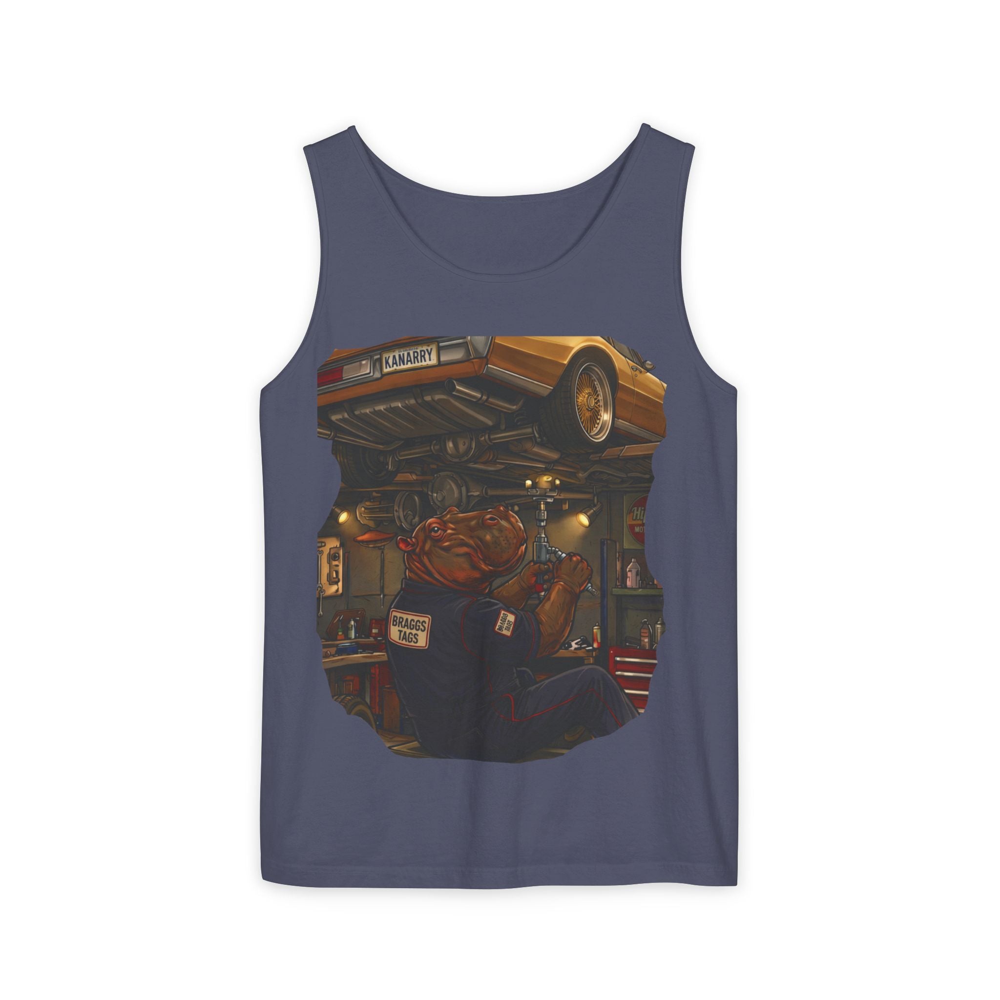 Hippo Vintage Garage Scene Tank Top — Classic Car Mechanic Art