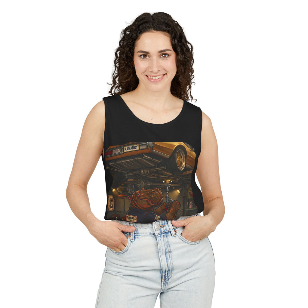 Hippo Vintage Garage Scene Tank Top — Classic Car Mechanic Art