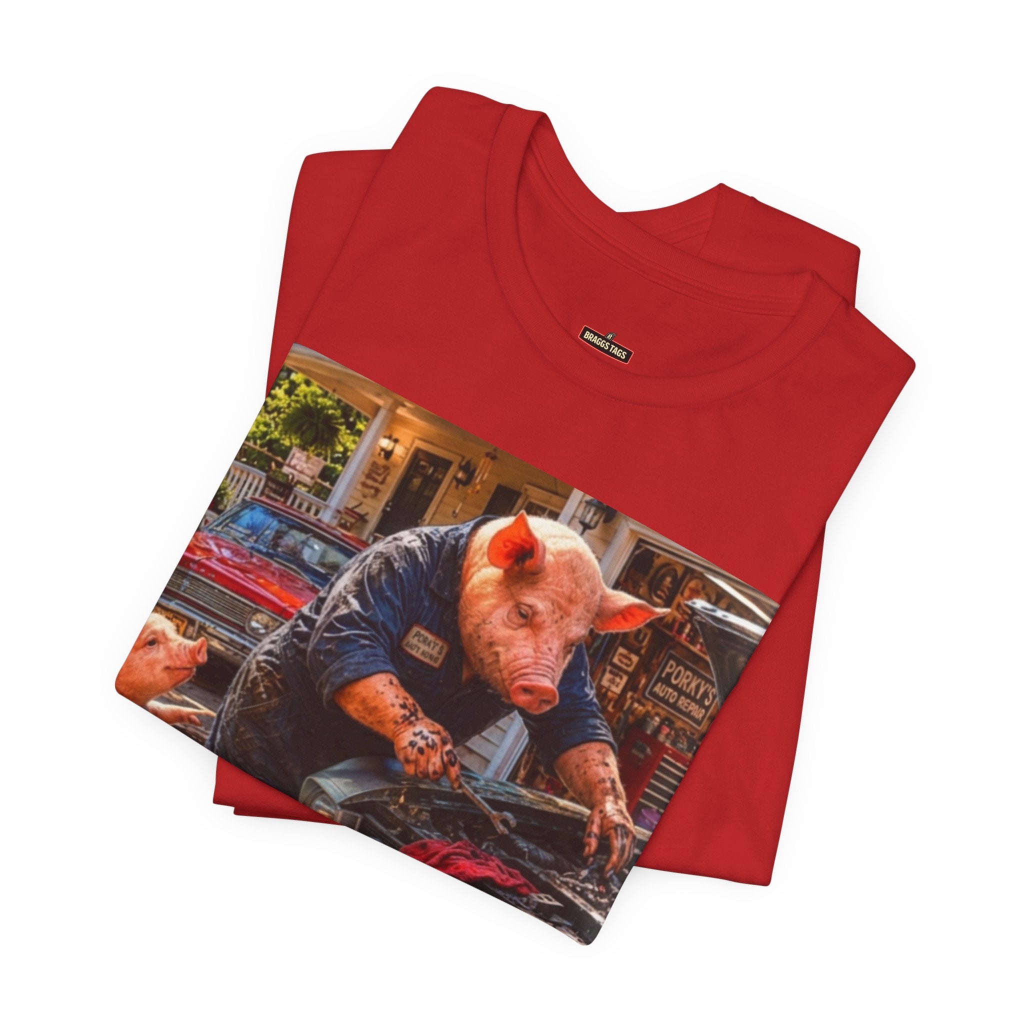 Pig Mechanic Graphic Tee — Humorous Vintage Car Repair Shirt