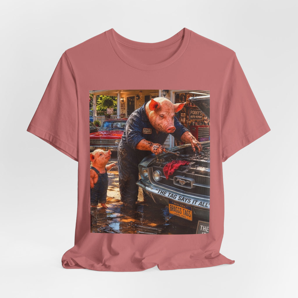 Pig Mechanic Graphic Tee — Humorous Vintage Car Repair Shirt