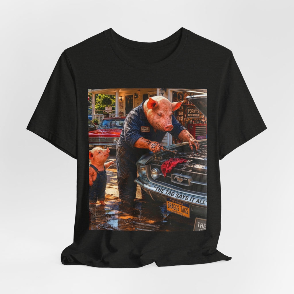 Pig Mechanic Graphic Tee — Humorous Vintage Car Repair Shirt
