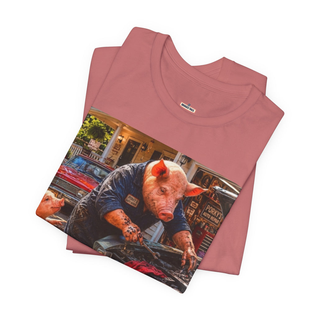 Pig Mechanic Graphic Tee — Humorous Vintage Car Repair Shirt