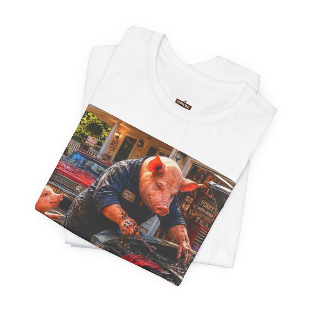 Pig Mechanic Graphic Tee — Humorous Vintage Car Repair Shirt