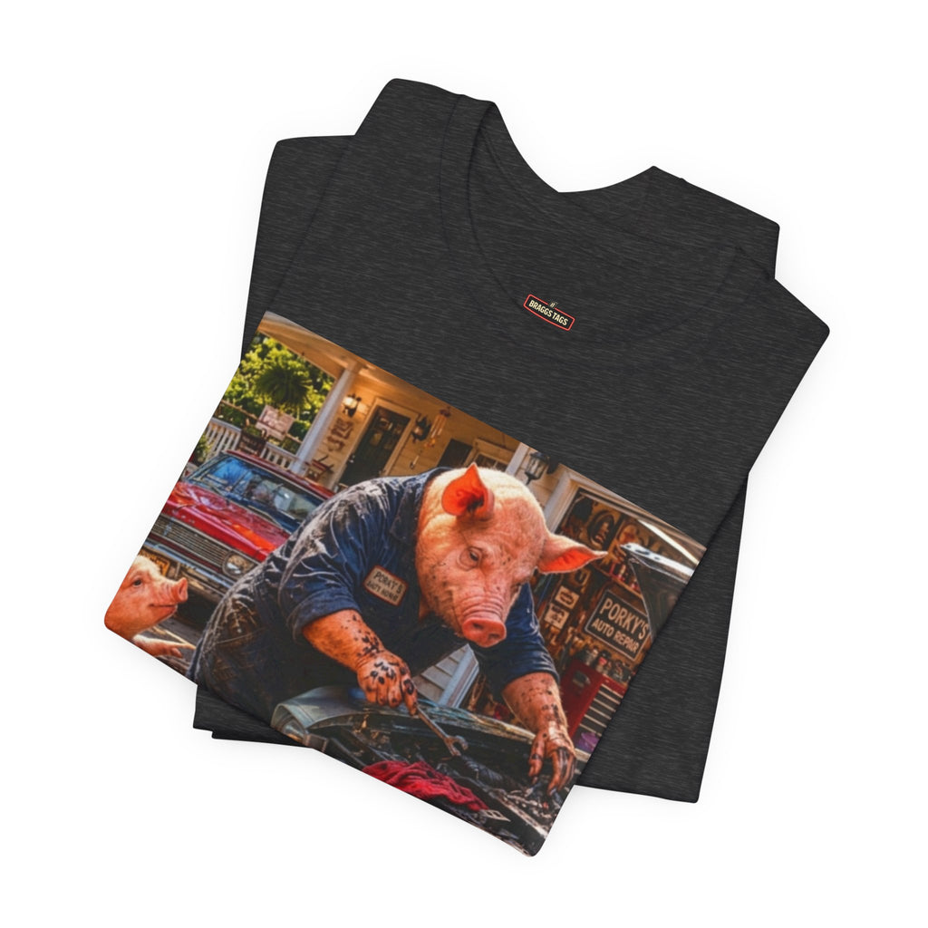 Pig Mechanic Graphic Tee — Humorous Vintage Car Repair Shirt