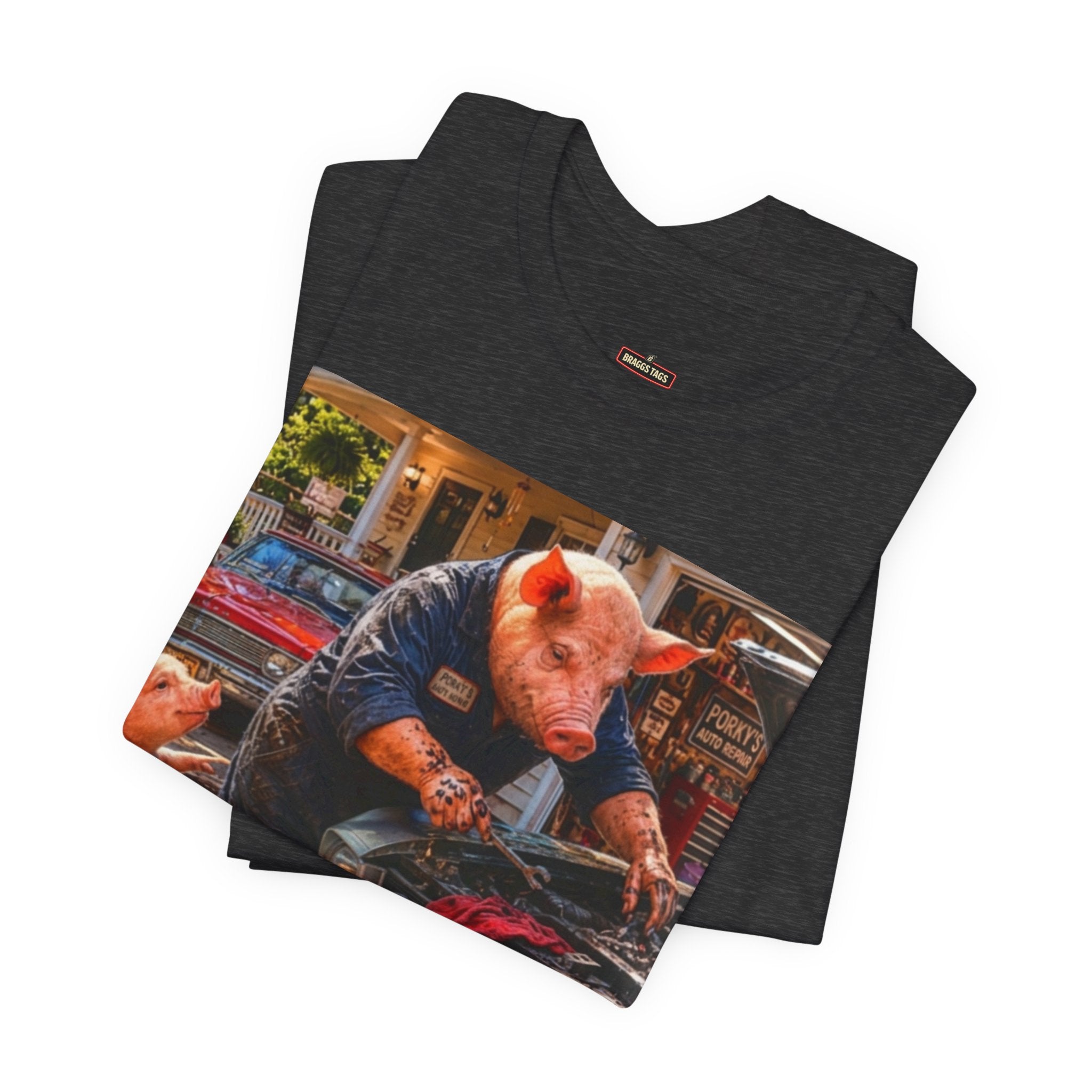 Pig Mechanic Graphic Tee — Humorous Vintage Car Repair Shirt