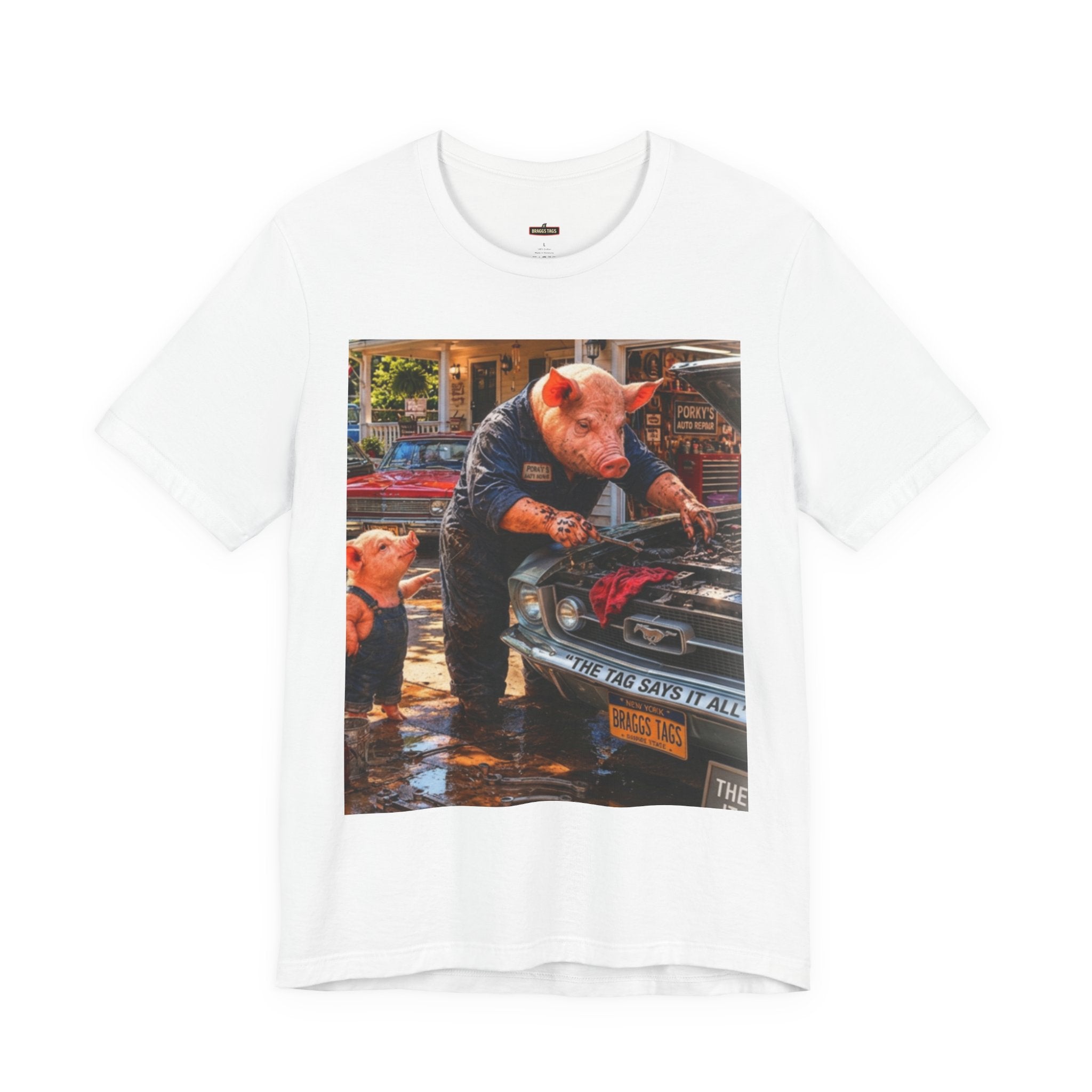 Pig Mechanic Graphic Tee — Humorous Vintage Car Repair Shirt