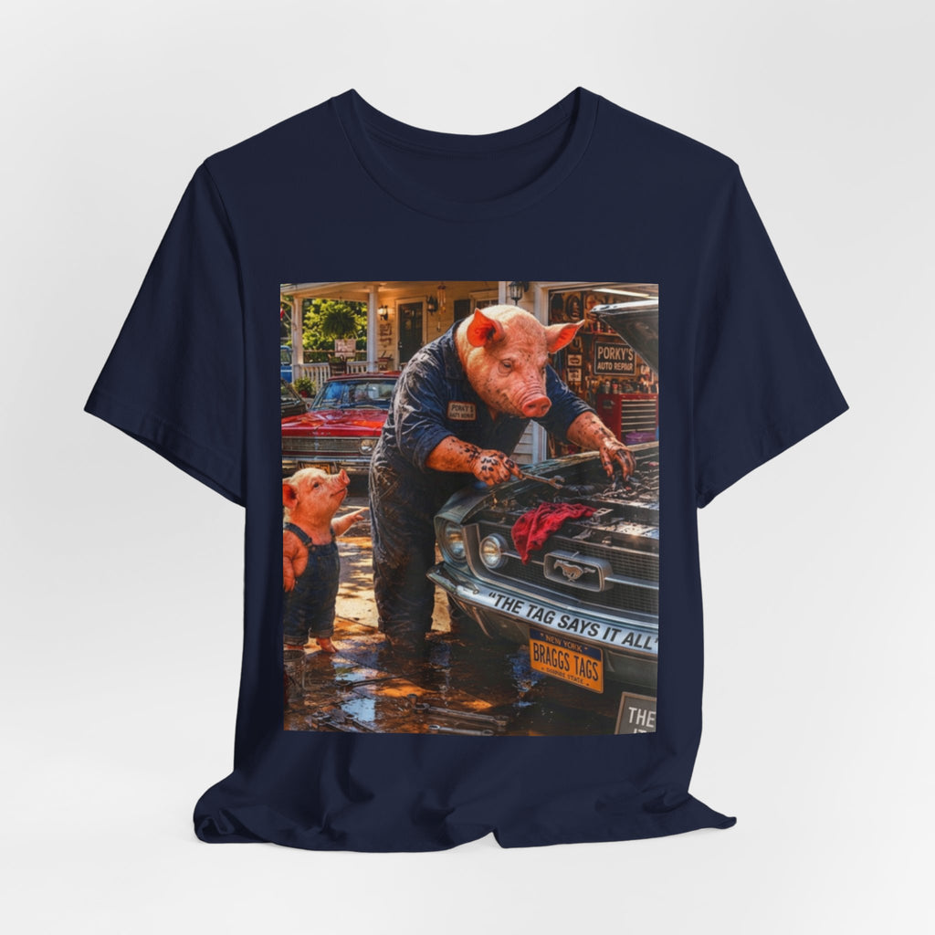 Pig Mechanic Graphic Tee — Humorous Vintage Car Repair Shirt