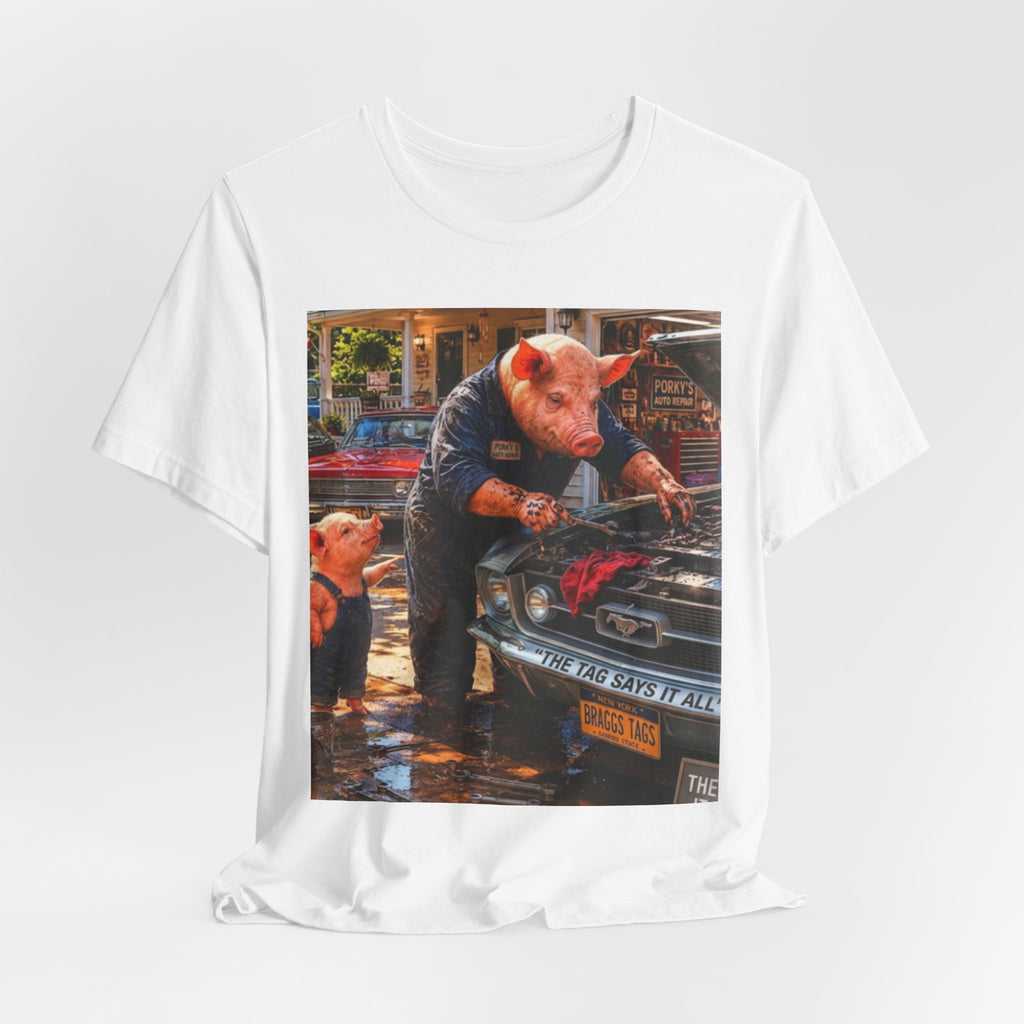 Pig Mechanic Graphic Tee — Humorous Vintage Car Repair Shirt