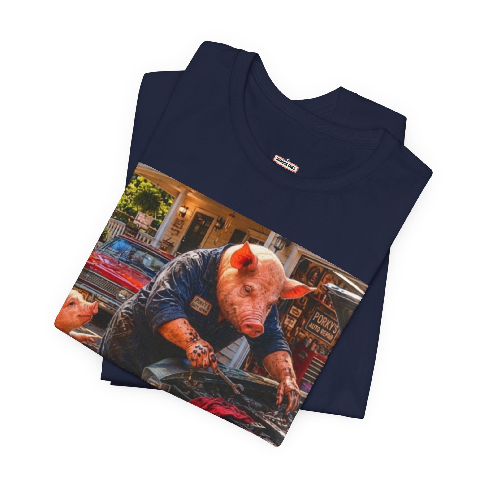 Pig Mechanic Graphic Tee — Humorous Vintage Car Repair Shirt