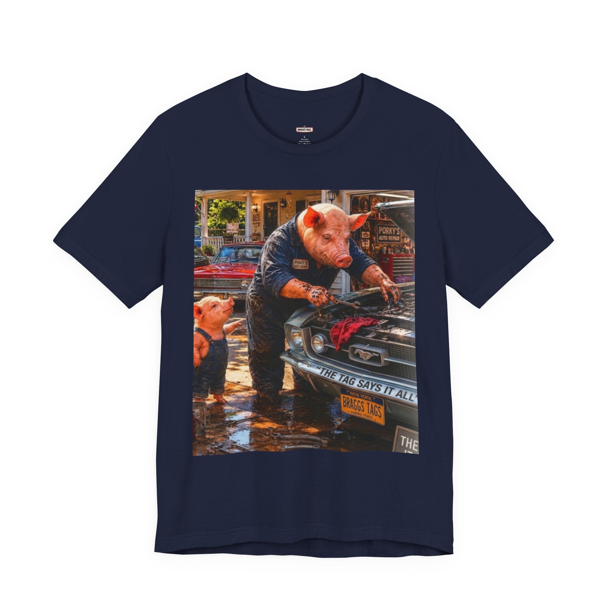 Pig Mechanic Graphic Tee — Humorous Vintage Car Repair Shirt