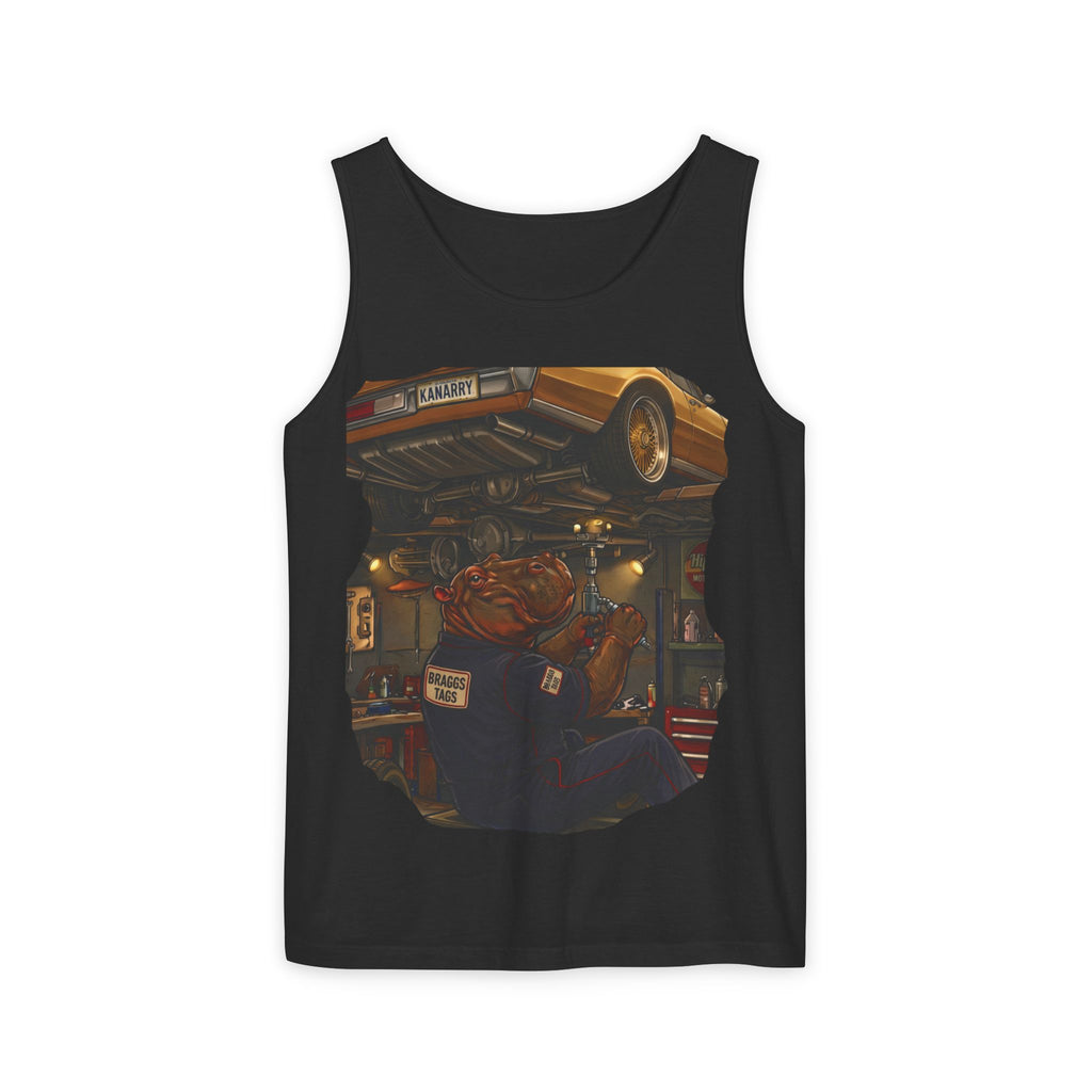 Hippo Vintage Garage Scene Tank Top — Classic Car Mechanic Art