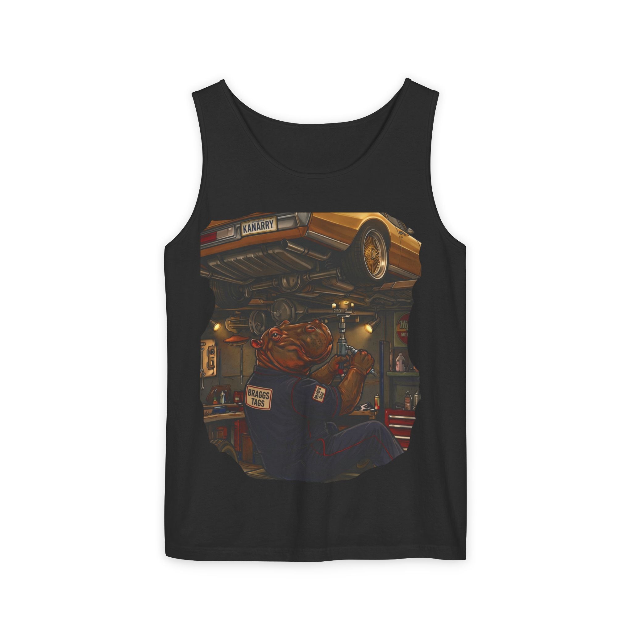Hippo Vintage Garage Scene Tank Top — Classic Car Mechanic Art