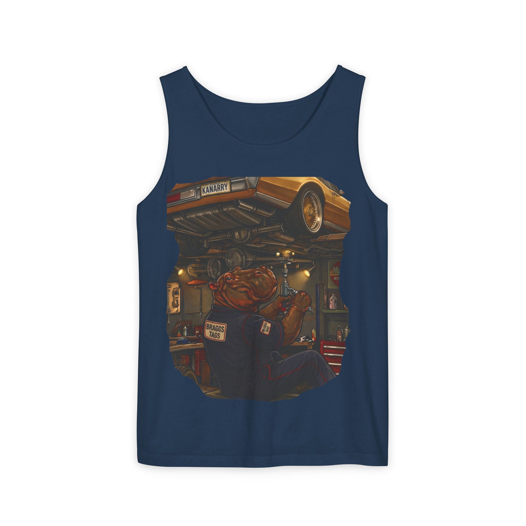 Hippo Vintage Garage Scene Tank Top — Classic Car Mechanic Art