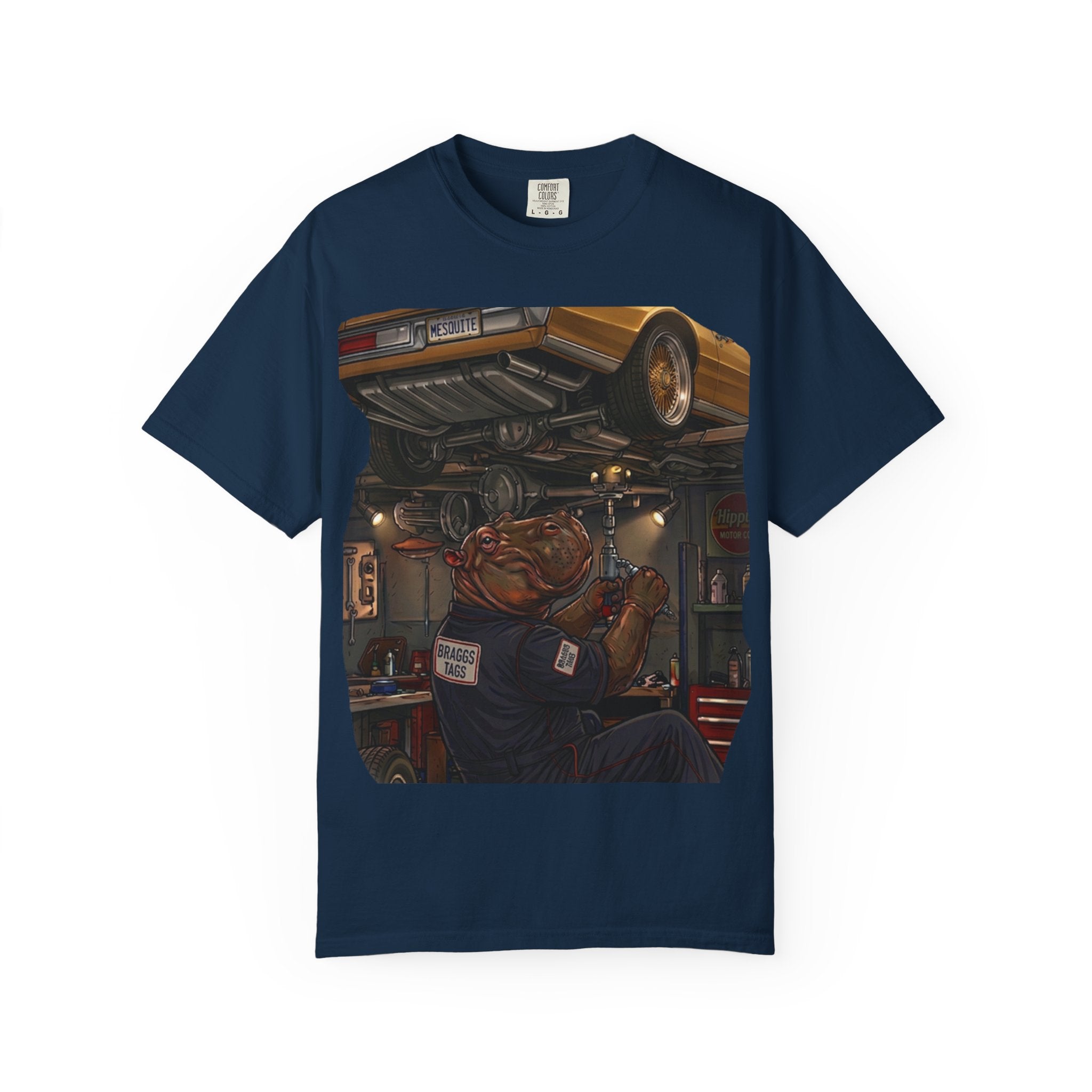 Hippo Mechanic Working in Garage Illustration | Vintage Car Repair Art | Funny Automotive Decor