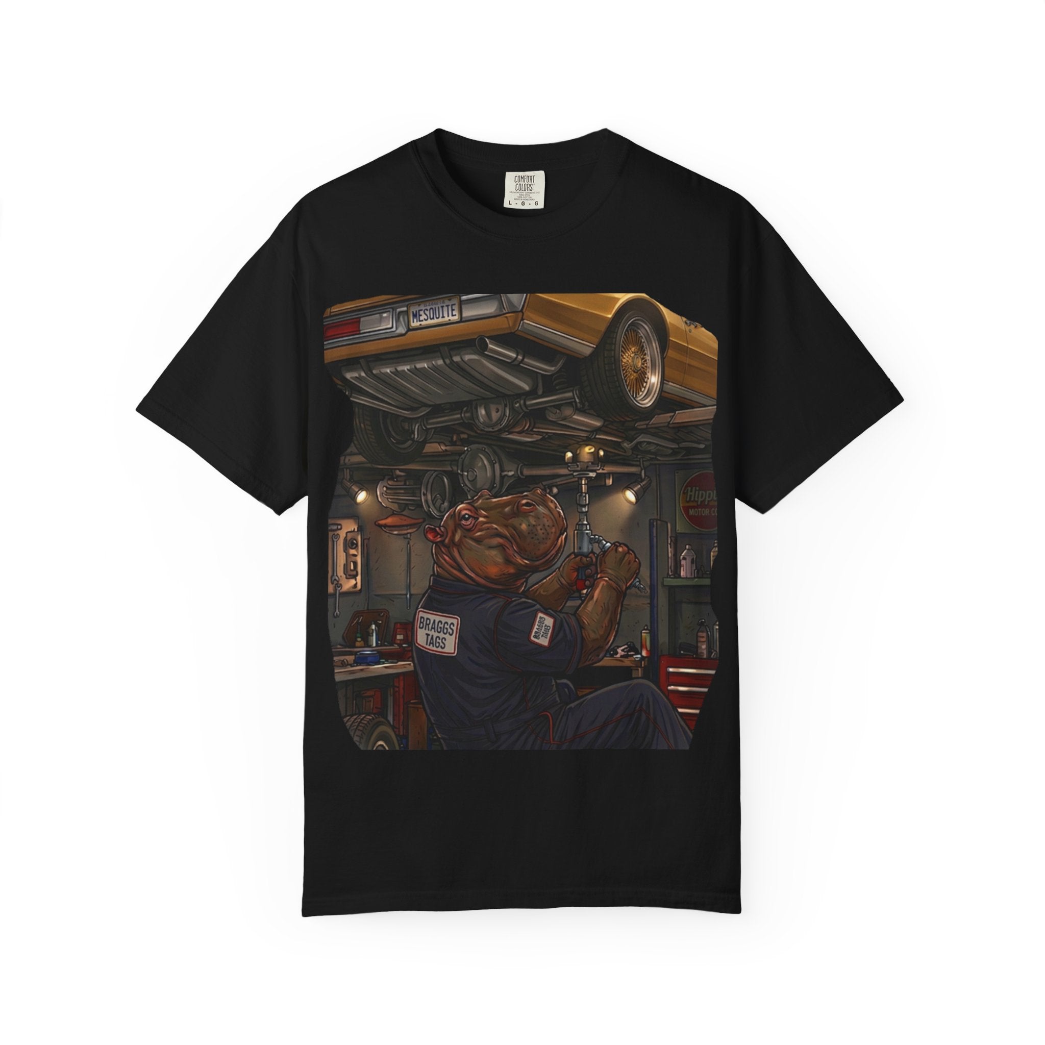 Hippo Mechanic Working in Garage Illustration | Vintage Car Repair Art | Funny Automotive Decor