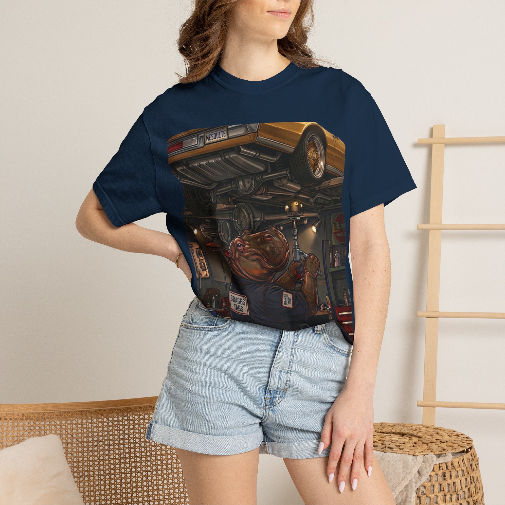 Hippo Mechanic Working in Garage Illustration | Vintage Car Repair Art | Funny Automotive Decor